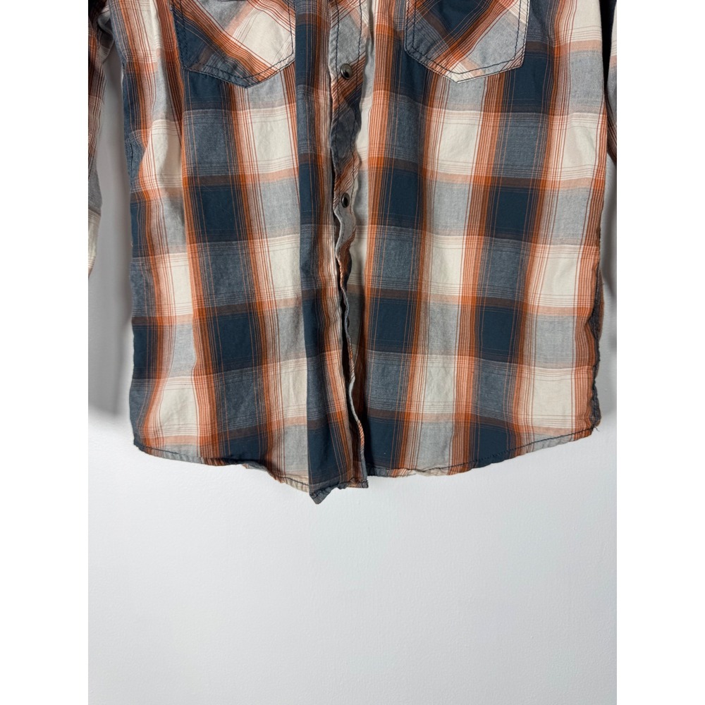 Western Cowboy Hardware Kids Med Shirt Orange Blue Plaid Bull Skull Snap Front - Picture 10 of 10